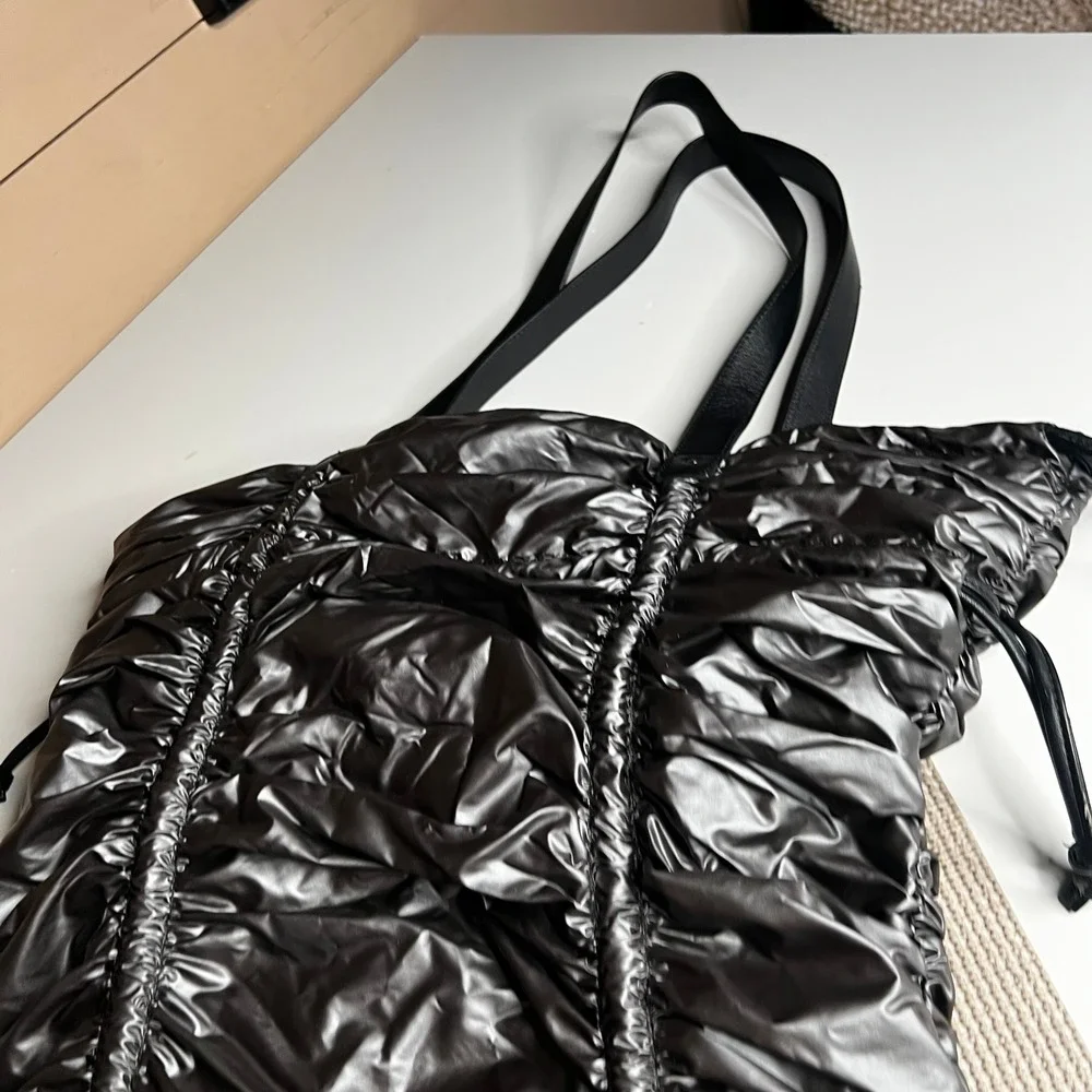L.A.M.B. Gwen Stefani Metallic Ruched Puffer Tote Bag Houndstooth Lining